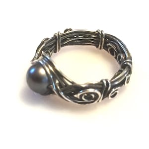 Tahitian Black Pearl Ring, Antique Ring, Vintage Pearl Ring, Rustic Ring, Sterling Silver Ring, Romantic Gift