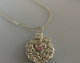 Wire Wrapped Jewelry Handmade, Unique Silver Pendant, Ruby Pendant, Flower pendant, Woven Wire Jewelry