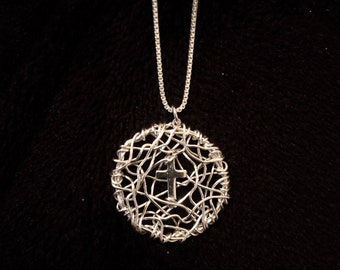 Sterling Silver Crown of Thorns Pendant, Cross Pendant, Silver Cross, Pendant Necklace