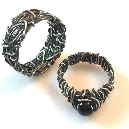 His and Hers Wedding Rings, Crown of Thorns Ring, Celtic Wedding Ring, Renaissance Wedding, Onyx and Silver ring | MI Artist, AOA Jewelry