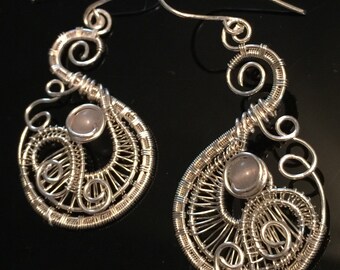 Silver and Rose Quartz Swan earrings, Wire Wrapped Jewelry Handmade,Twisted Wire Jewelry | MI Artist, AOA Jewelry