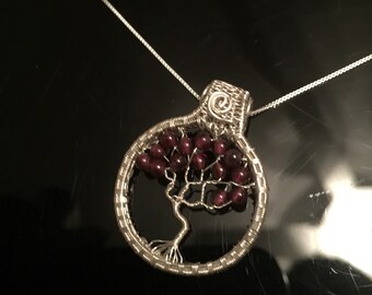 Wire Wrapped Jewelry Handmade, Tree Of Life Necklace, Garnet Pendant, Unique Silver Pendant, Sterling Silver Jewelry