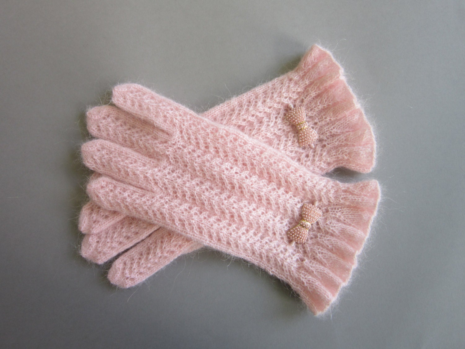 Knit Gloves Soft Pink Lace Gloves Blush Gloves Hand Knit Etsy