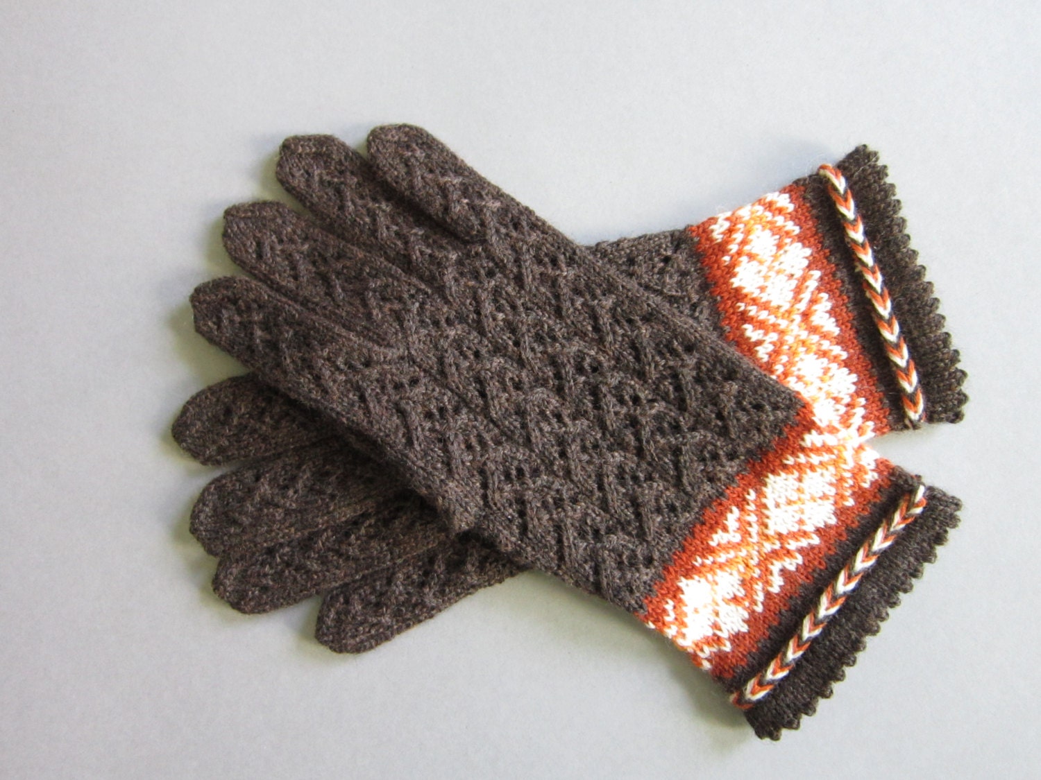 Brown Wool Gloves Hand Knitted Folk Gloves Brown Lace Gloves Etsy