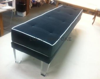 Custom Made Hollywood Regency upholstered bench with Lucite legs with semi attached cushion COM