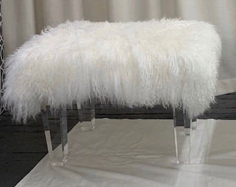 NEW! Sheepskin Lamb Lucite Bench - Ottoman - Lucite legs - Lucite furniture