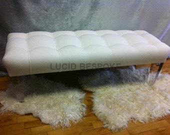 SALE! Hollywood Regency deep tufted upholstered bench with Lucite legs