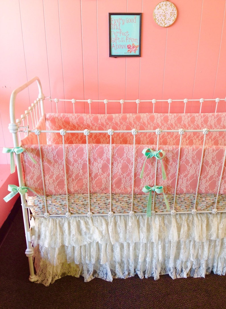 Lace Baby Crib Bedding Feathers Salmon And Ivory Lace Etsy