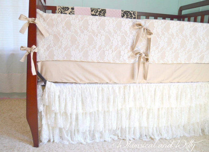 Lace Baby Crib Bedding Burlap Colored Cotton And Ivory Lace Etsy