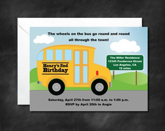 Wheels on the Bus Party Invitation, Wheels on the Bus Ap, Kid Birthday Party, School Bus Party