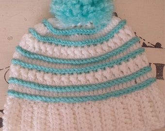 Crochet White and Aqua Winter Hat