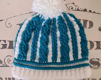 Two Color Crochet Cable Beanie with pom pom