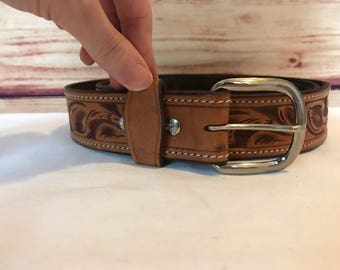 Vintage handmade hand tooled leather western belt