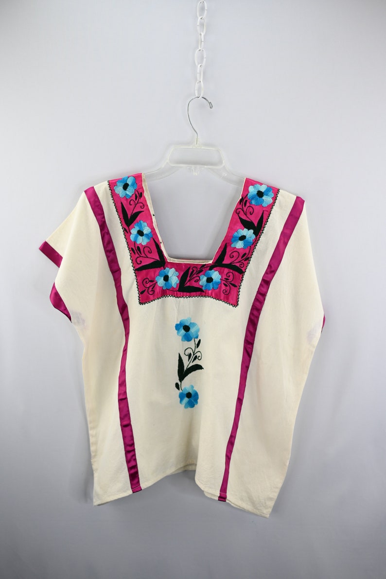 Vintage Ladies Mexican Beige Floral Blouse Size S