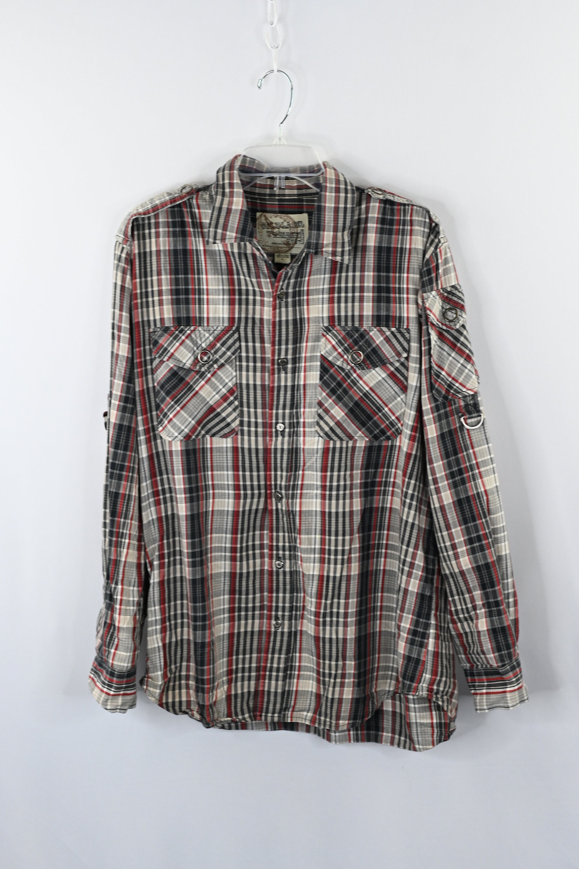 Men's Gray Plaid Flannel Button-Up Shirt Size L | Etsy