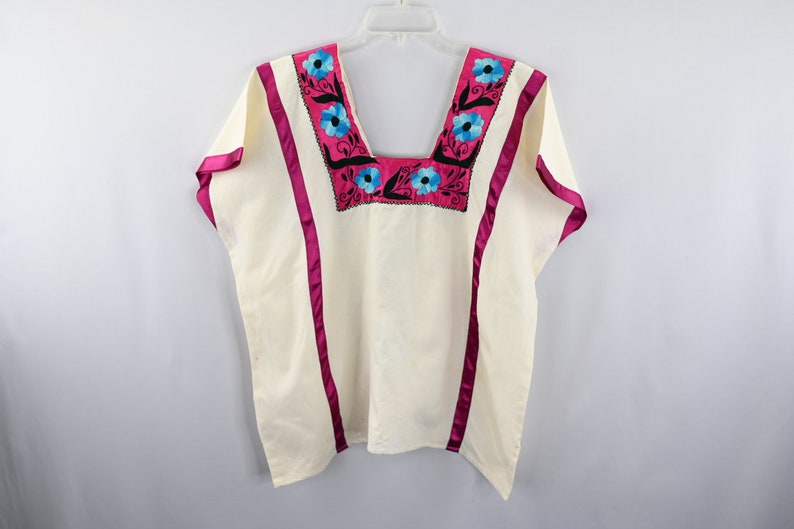 Vintage Ladies Mexican Beige Floral Blouse Size S