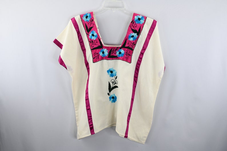 Vintage Ladies Mexican Beige Floral Blouse Size S