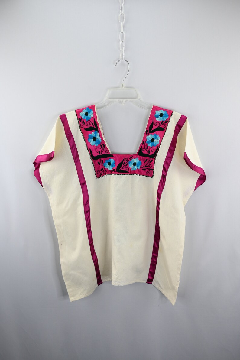 Vintage Ladies Mexican Beige Floral Blouse Size S