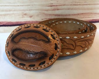 Vintage camel brown hand tooled western belt