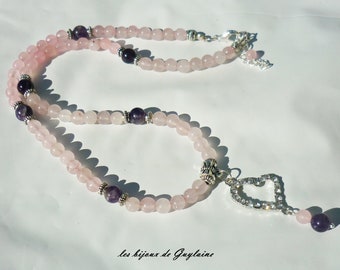 collier en pierre quartz rose et amethyste favorisant l'amour