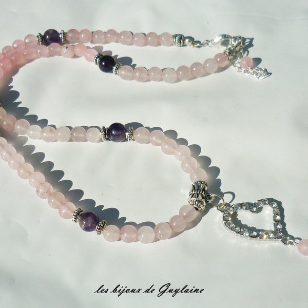 collier en pierre quartz rose et amethyste, veritable anti stress, calme le stress, amethyste, quartz rose