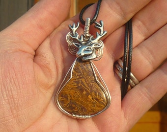 collier pendentif Cerf et jaspe mariam, contre stress et négativité, talisman, amulette, grigri