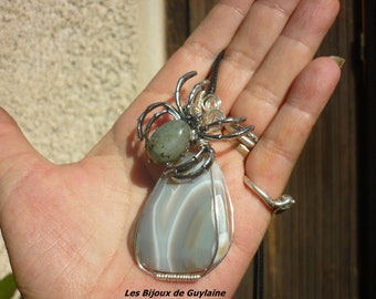 pendentif pierre agate et labradorite araignée, talisman, amulette