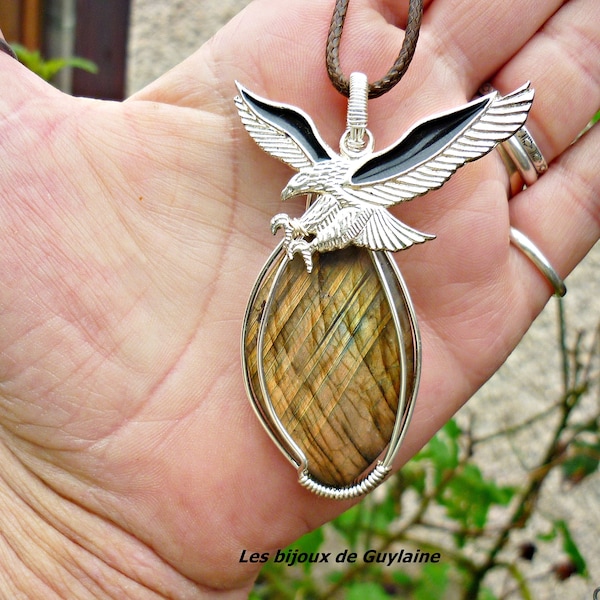 golden labradorite and eagle pendant, talisman, amulet