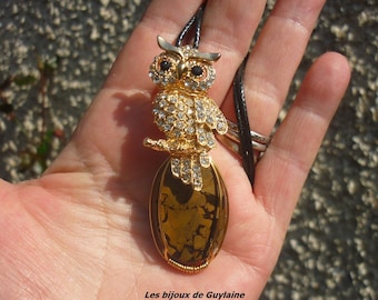 Collier pendentif septaria et son hibou, pendentif pierre septaria, talisman, amulette, grigri