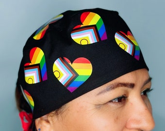 LGBTQIA+ Pride Flag Hearts Printed Custom Customized Solid Color Unisex Scrub Cap by UscCreations