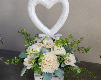 VALENTINES ARRANGEMENT] flowers for her] white roses] bridal centerpiece] white sola flower arrangement