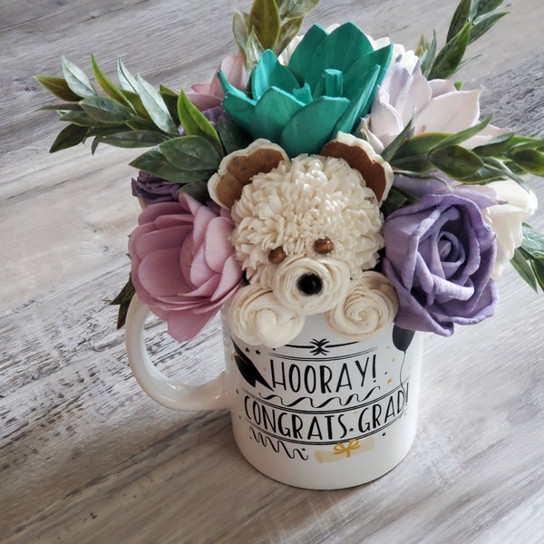 Puppy flower bouquet] graduation flower arrangement] dog bouquet for the grad] coffee mug grad gift] congrats to the grad
