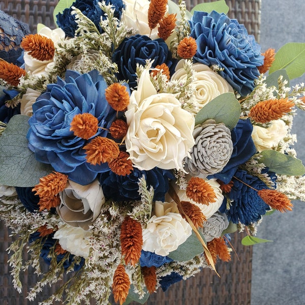 Fall bridal bouquet] burnt orange and dusty blue bouquet] orange and blue bridal bouquet