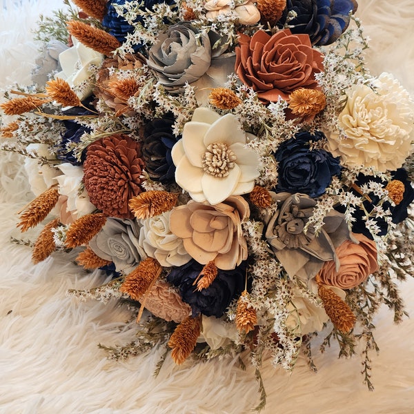 Terracotta and navy bouquet] sola boho bouquet] peach and gray dried flower bouquet] boho wedding bouquet] burnt orange and navy wedding