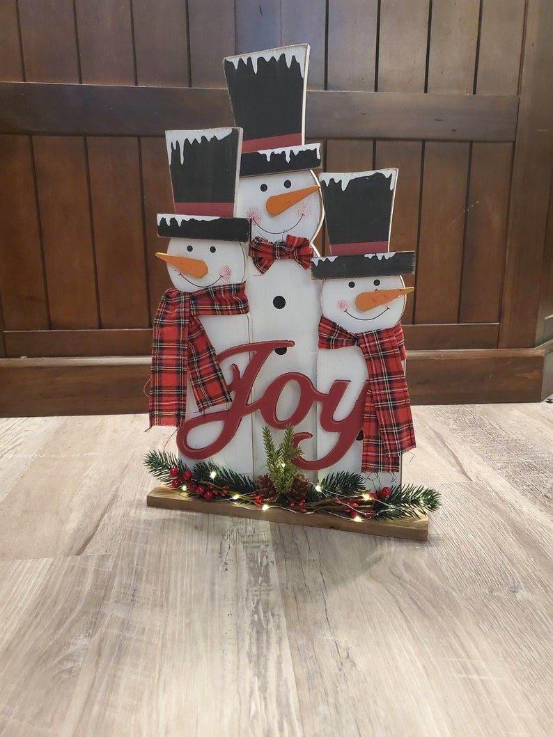 Snowman family with lights, Rustic Christmas porch decor, wood snowmen with lights, farmhouse christmas decor, snowman decor image 1