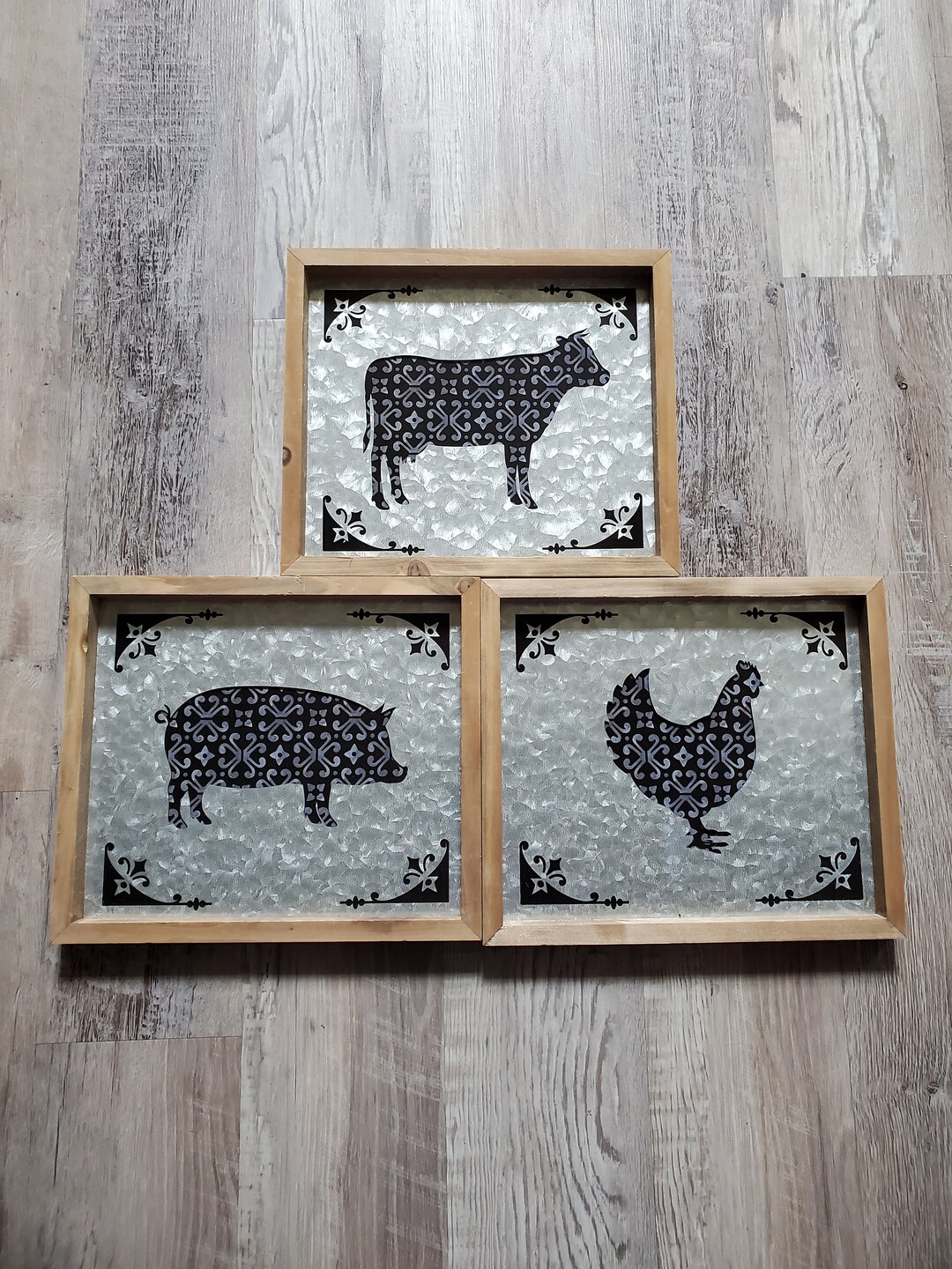 Galvanized Animal Decor Galvanized Pig, Cow, Chicken Set of Farm