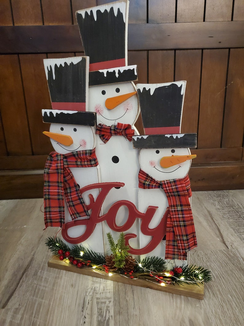 Snowman family with lights, Rustic Christmas porch decor, wood snowmen with lights, farmhouse christmas decor, snowman decor image 5