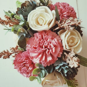Dusty blue and blush pink Sola Wood Flower Arrangement, Flowers made to last, Small 12ct. Sola Wood flower arrangement pink,blue,and white