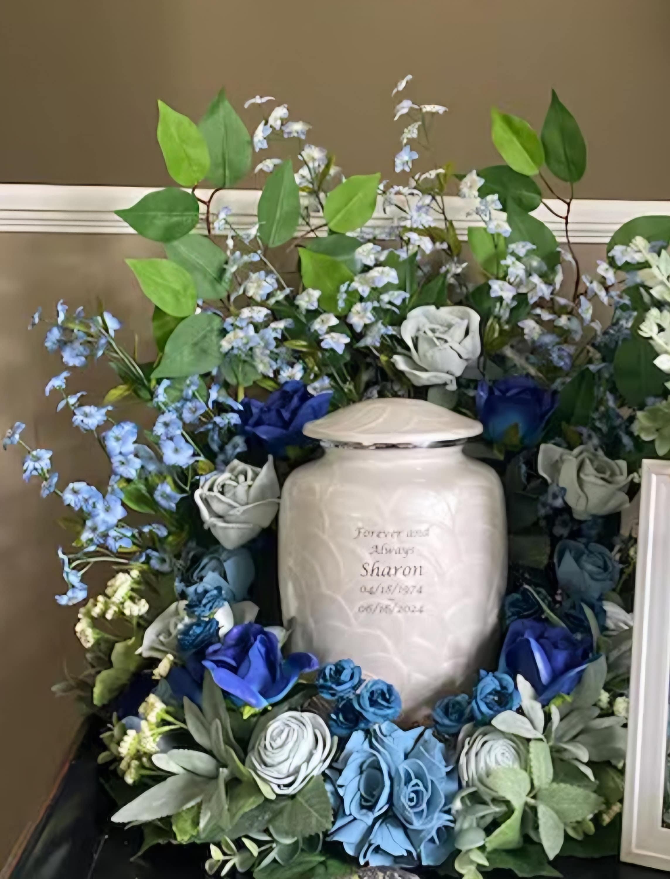 Blue Urn Arrangement, Blue Urn Wreath, Blue Urn Flowers, Blue Urn
