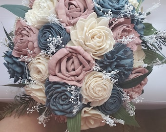 Dusty blue and dusty pink wedding bouquet] dusty blue and pink wrist corsage] pink,blue and cream wedding flowers