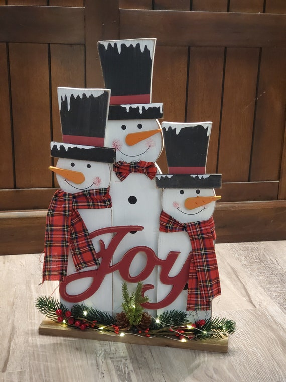 Snowman Family With Lights, Rustic Christmas Porch Decor, Wood