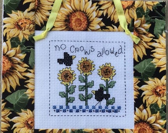 No Crows Allowed Wall hanging-cross stitch-sunflowers-crows-quilted