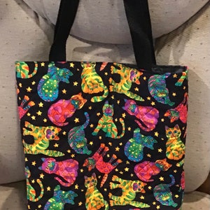 BoHo colorful cat tote bag/cat lady tote bag/black background tote bag