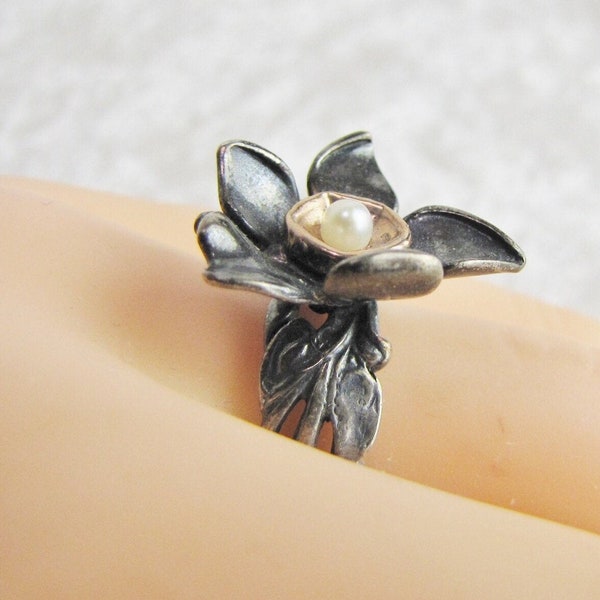 Sterling Silver 14k Gold & Pearl Flower Ring, Unique Oxidized Earthy Nature Artisan Jewelry, Boho Gifts For Her, Size 6.25, Wife, Girlfriend
