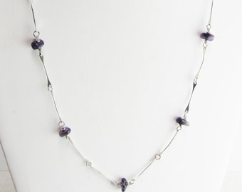 Amethyst And Sterling Silver Necklace, Boho Rustic, Hammered Long Wrap Necklace, Edgy Station Necklace, Gifts For Her