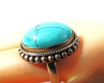 Astounding Oval Blue Turquoise Ring Natural Black Matrix, Sterling Silver, Large Statement Ring, Native American Size 7.75,  Gifts For Her