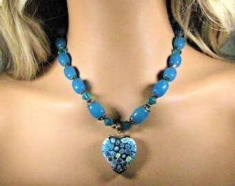 Chunky Dangle Heart Pendant Necklace,  Valentine Love Gifts For Her, Modern Sterling Silver Blue Stone  Statement Beads, Italian Millefiori