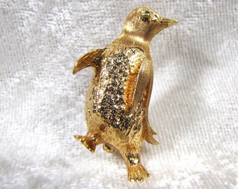 Irresistible broche de pingüino de oro sólido de 14K, lindo pin de broche de pingüino bebé, joyería de pájaro vintage única, regalo del Día de las Madres para ella