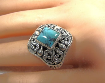 Impressive Natural Turquoise and Sterling Silver Ring, Unique Filigree Blue  Stone Statement, US size 6