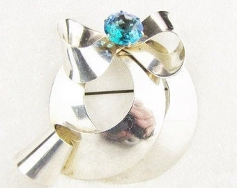 Ribbon Bow Brooch, Sterling Silver Large Blue Leaded Crystal Pin, Estate Heirloom Retro Modern, Oversized Brooch, By JORDAN, Gifts For Her